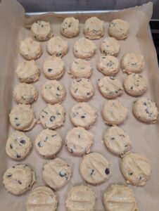 Ina Garten's chocolate chip cookies, all shaped and ready for the freezer